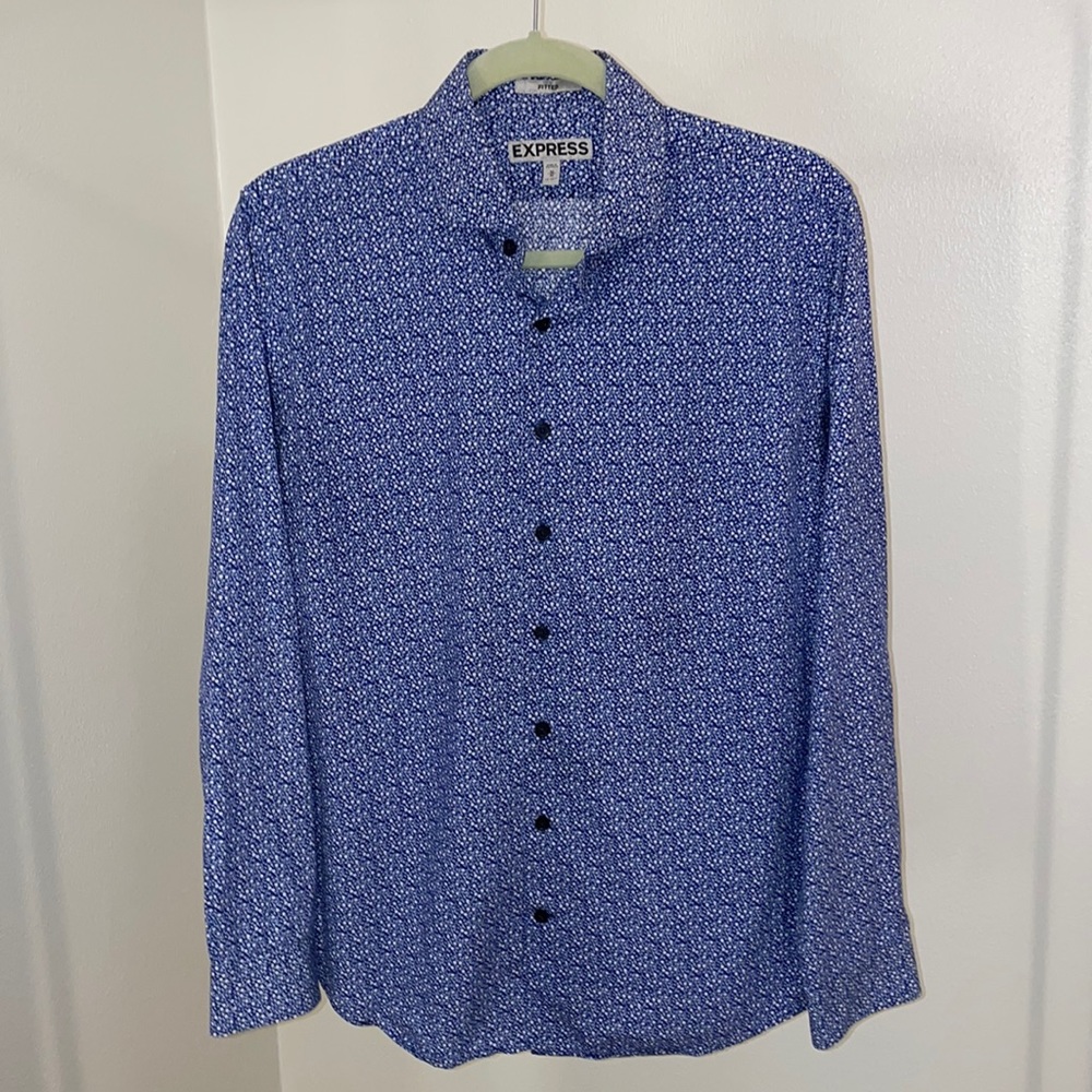 Express Men’s Blue Floral Long Sleeve Fitted Dress Shirt Size M 15-15” Collar